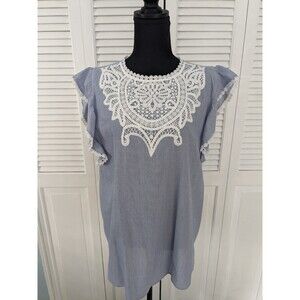 Loft sz XL Blue White Cotton Top Embroidered Lace Bib Flutter Sleeve NWOT